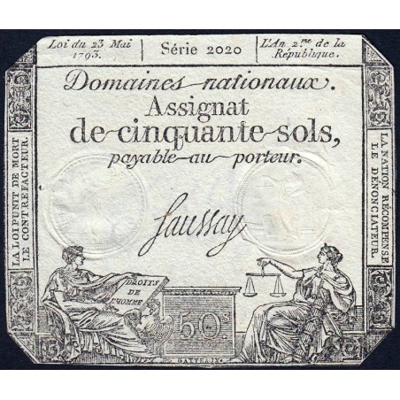 Assignat 42b-v1 (variété) - 50 sols - 23 mai 1793 - Série 2020 - Filigrane républicain - Etat : TTB