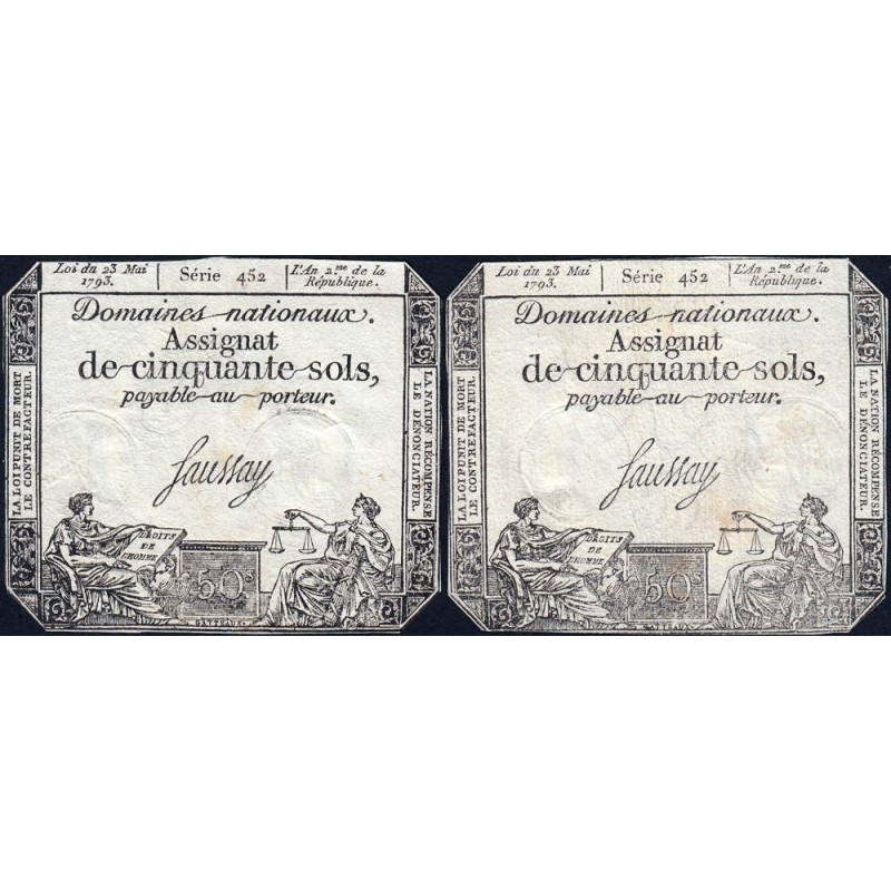 Assignat 42b-v1 (variété) + 42b - 50 sols - 23 mai 1793 - Série 452 - Etat : TTB