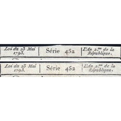 Assignat 42b-v1 (variété) + 42b - 50 sols - 23 mai 1793 - Série 452 - Etat : TTB