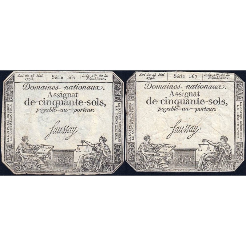 Assignat 42b_v1 + 42b - 50 sols - 23 mai 1793 - Série 567 - Variété - Etat : TB / TB-