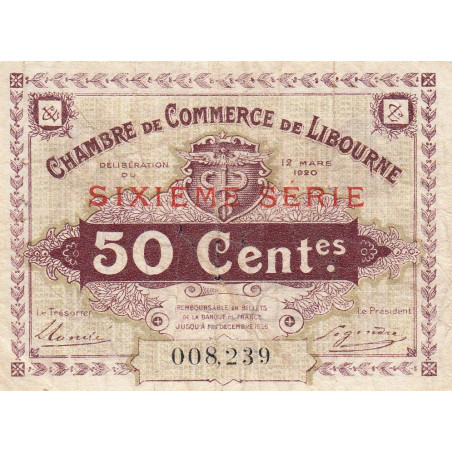 Libourne - Pirot 72-29 - 50 centimes - Sixième série - 12/03/1920 - Etat : SUP+