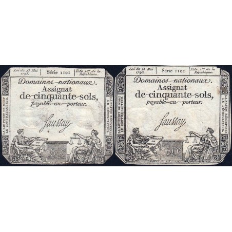 Assignat 42b_v1 + 42b - 50 sols - 23 mai 1793 - Série 1101 - Variété - Etat : TB+