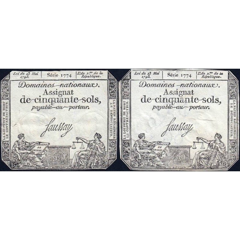 Assignat 42b-v1 (variété) + 42b - 50 sols - 23 mai 1793 - Série 1174 - Etat : TB+ / TTB