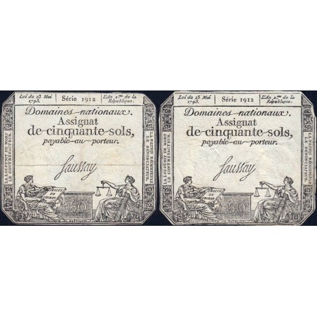 Assignat 42b_v1 + 42b - 50 sols - 23 mai 1793 - Série 1912 - Variété - Etat : TB