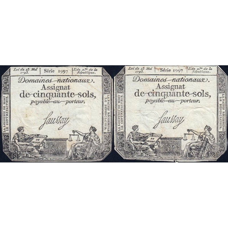 Assignat 42b-v1 (variété) + 42b - 50 sols - 23 mai 1793 - Série 1997 - Etat : TB / TB-
