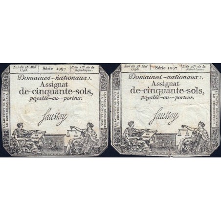 Assignat 42b_v1 + 42b - 50 sols - 23 mai 1793 - Série 1997 - Variété - Etat : TB / TB-