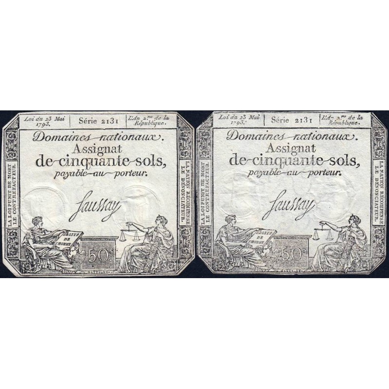 Assignat 42b-v1 (variété) + 42b - 50 sols - 23 mai 1793 - Série 2131 - Etat : TTB / TB+