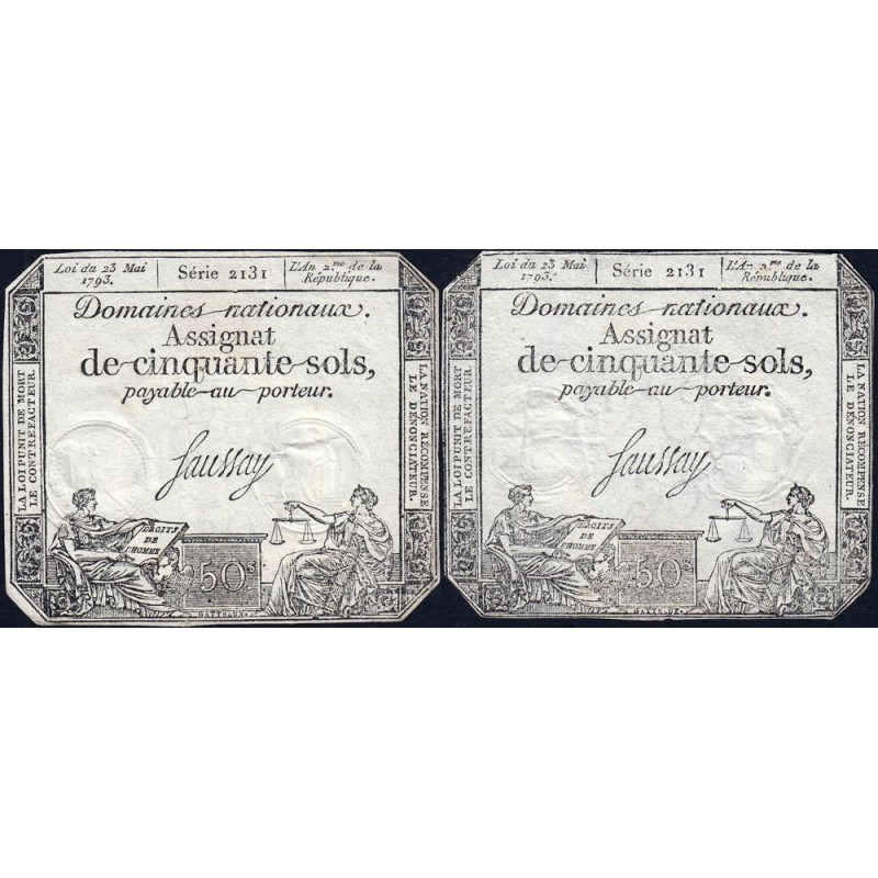 Assignat 42b_v1 + 42b - 50 sols - 23 mai 1793 - Série 2131 - Variété - Etat : TTB / TB+