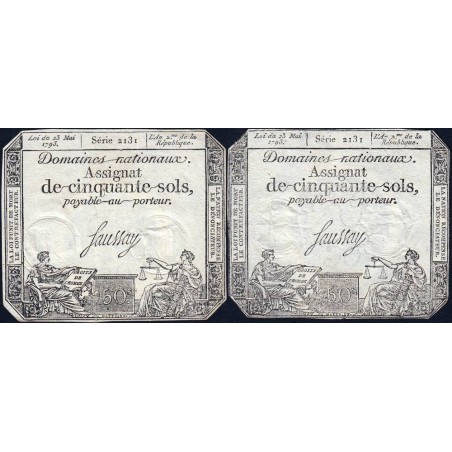 Assignat 42b-v1 (variété) + 42b - 50 sols - 23 mai 1793 - Série 2131 - Etat : TTB / TB+