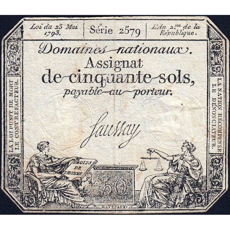 Assignat 42c - 50 sols - 23 mai 1793 - Série 2579 - Un des premiers numéros - Etat : TB