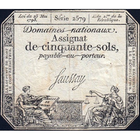 Assignat 42c - 50 sols - 23 mai 1793 - Série 2579 - Un des premiers numéros - Etat : TB