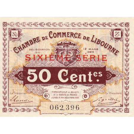 Libourne - Pirot 72-29 - 50 centimes - Sixième série - 12/03/1920 - Etat : SUP+