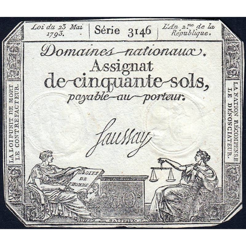 Assignat 42c - 50 sols - 23 mai 1793 - Série 3146 - Filigrane républicain - Etat : TTB