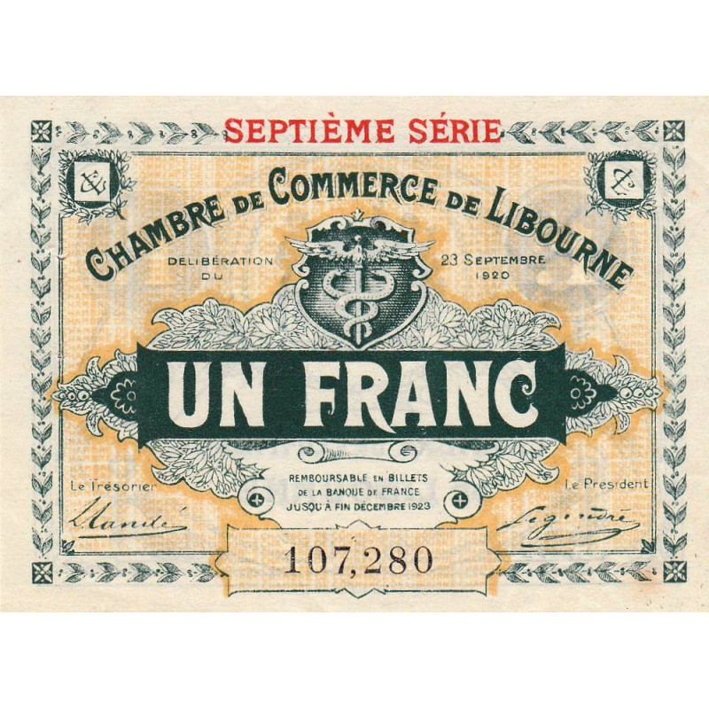 Libourne - Pirot 72-33 - 1 franc - Septième série - 23/09/1920 - Etat : SUP+