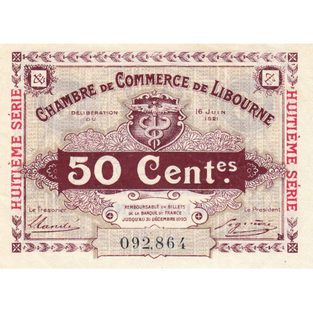 Libourne - Pirot 72-35 - 50 centimes - Huitième série - 16/06/1921 - Etat : SUP+