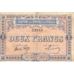 Limoges - Pirot 73-5a - 2 francs - Sans série - 17/08/1914 - Etat : TB