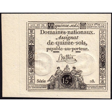 Assignat 35a - 15 sols - 24 octobre 1792 - Série 28 - Etat : NEUF