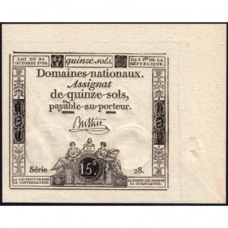 Assignat 35a - 15 sols - 24 octobre 1792 - Série 28 - Etat : NEUF