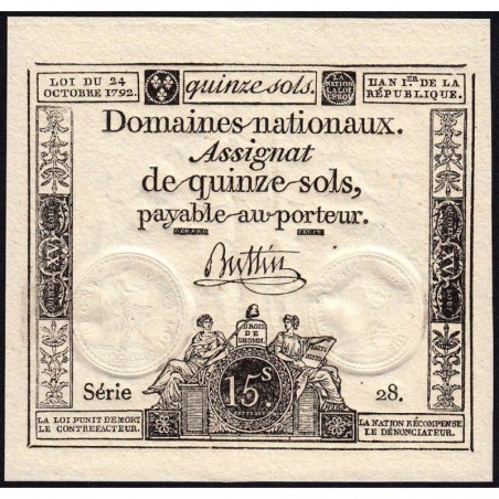 Assignat 35a - 15 sols - 24 octobre 1792 - Série 28 - Etat : SUP+