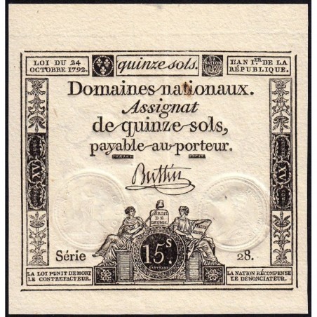 Assignat 35a - 15 sols - 24 octobre 1792 - Série 28 - Etat : SUP+