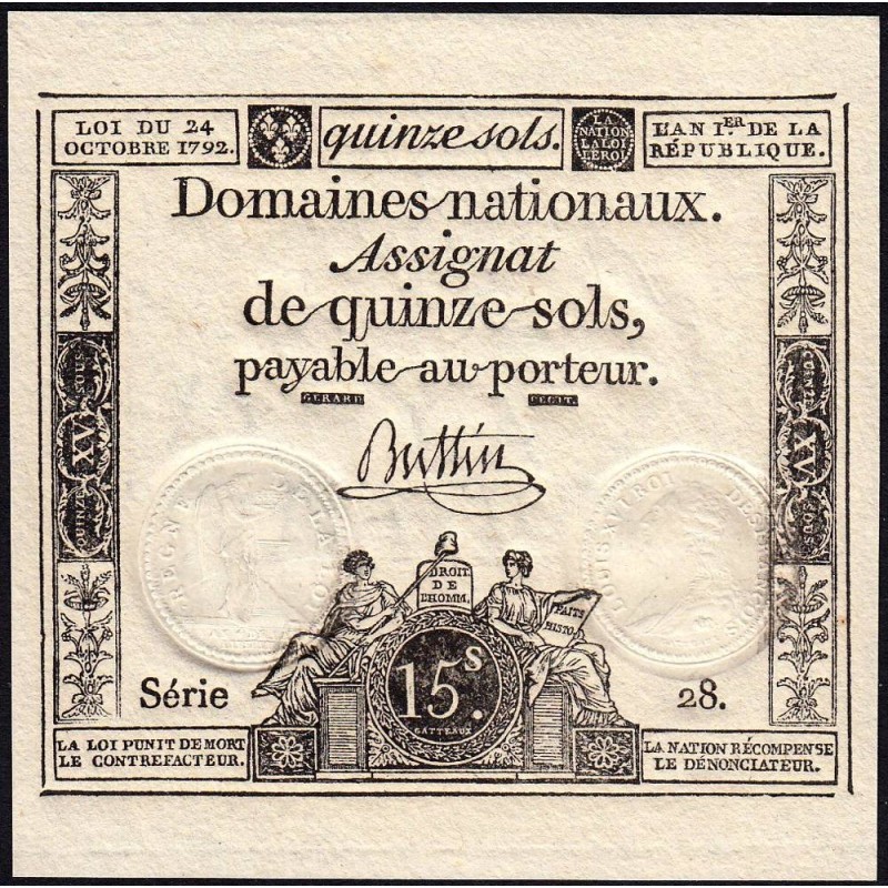 Assignat 35a - 15 sols - 24 octobre 1792 - Série 28 - Etat : NEUF