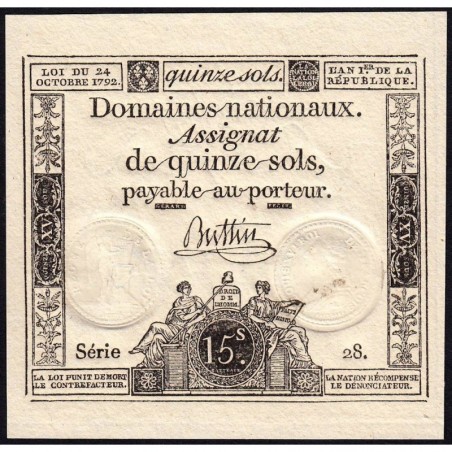 Assignat 35a - 15 sols - 24 octobre 1792 - Série 28 - Etat : SPL