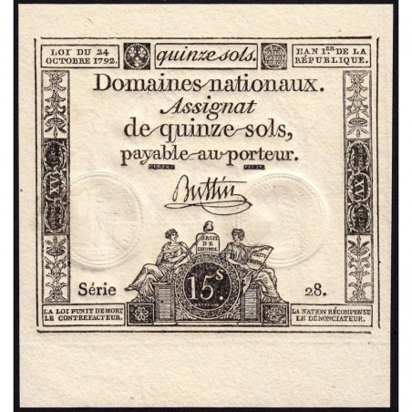 Assignat 35a - 15 sols - 24 octobre 1792 - Série 28 - Etat : NEUF