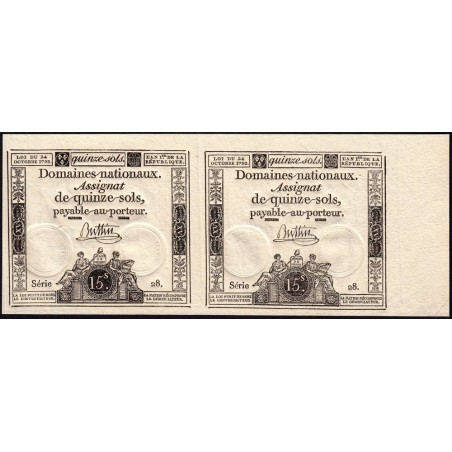 Paire assignat 35a - 15 sols - 24 octobre 1792 - Série 28 - Etat : NEUF