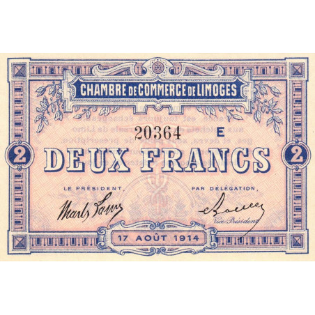 Limoges - Pirot 73-12b - 2 francs - Série E - 17/08/1914 - Etat : NEUF