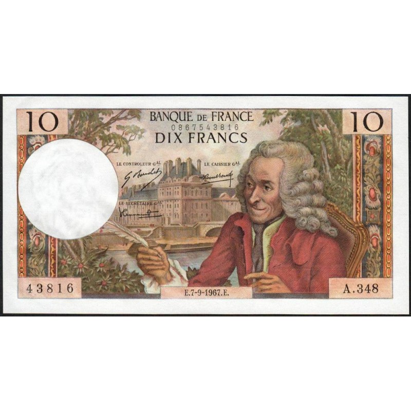 F 62-28 - 07/09/1967 - 10 francs - Voltaire - Série A.348 - Etat : SUP+