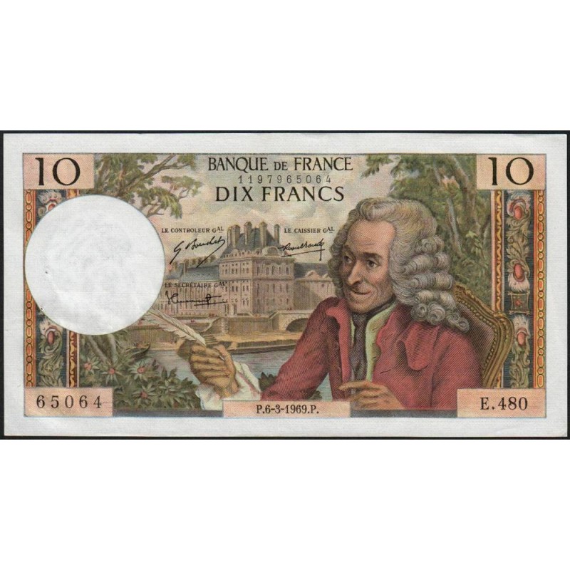 F 62-37 - 06/03/1969 - 10 francs - Voltaire - Série E.480 - Etat : SUP