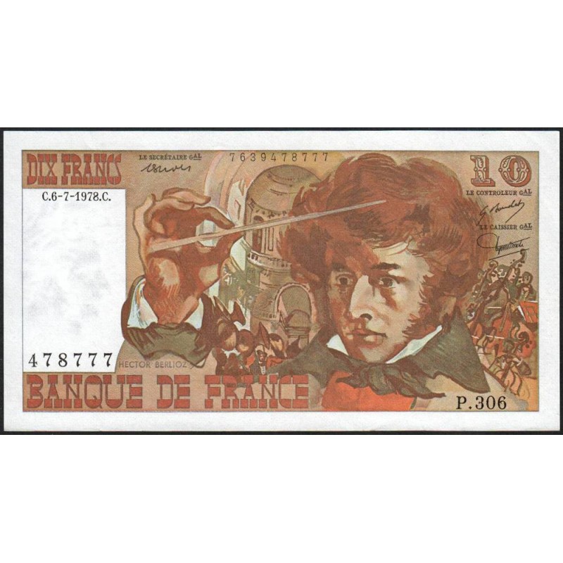 F 63-25 - 06/07/1978 - 10 francs - Berlioz - Série P.306 - Etat : SUP+