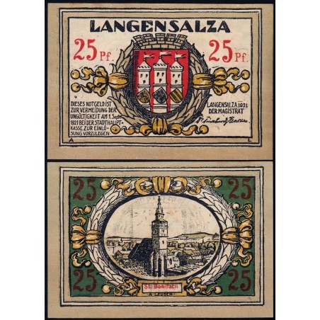 Allemagne - Notgeld - Langensalza - 25 pfennig - Réf. b - 1921 - Etat : SPL