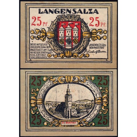 Allemagne - Notgeld - Langensalza - 25 pfennig - 1921 - Etat : SPL