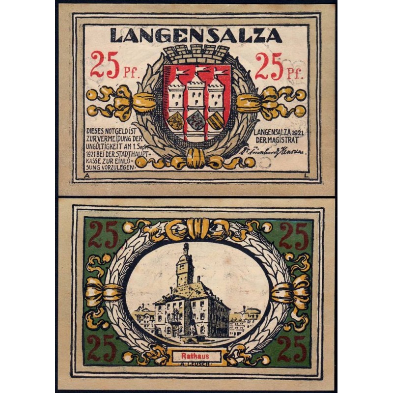 Allemagne - Notgeld - Langensalza - 25 pfennig - Réf. b - 1921 - Etat : SPL