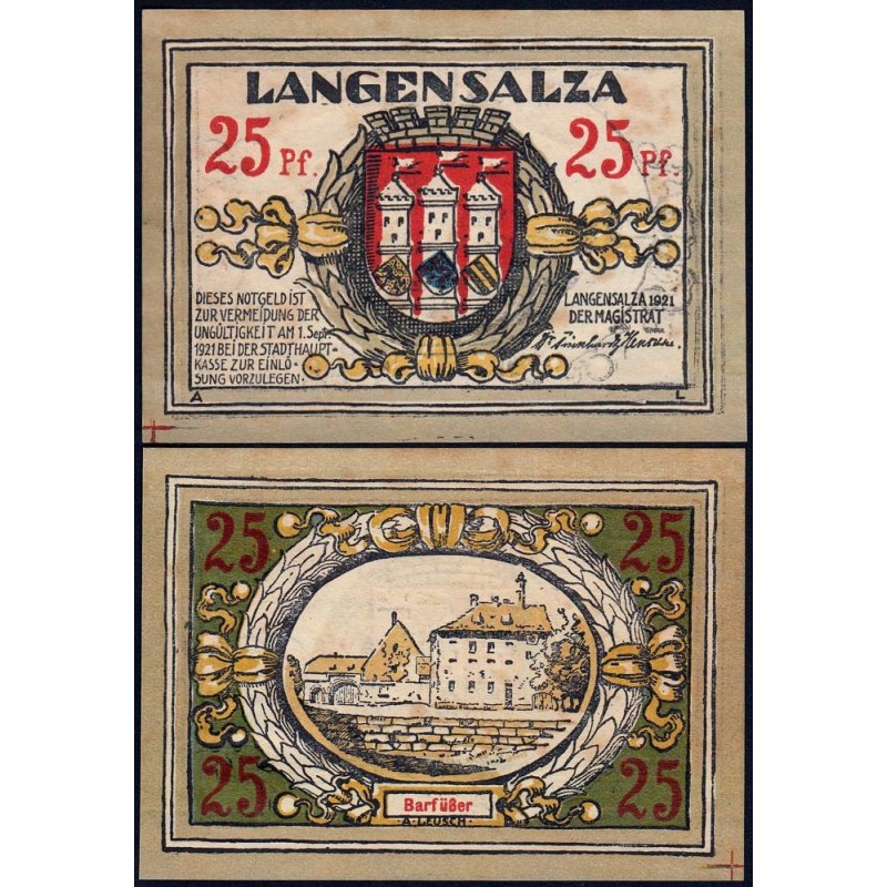 Allemagne - Notgeld - Langensalza - 25 pfennig - Réf. b - 1921 - Etat : SPL