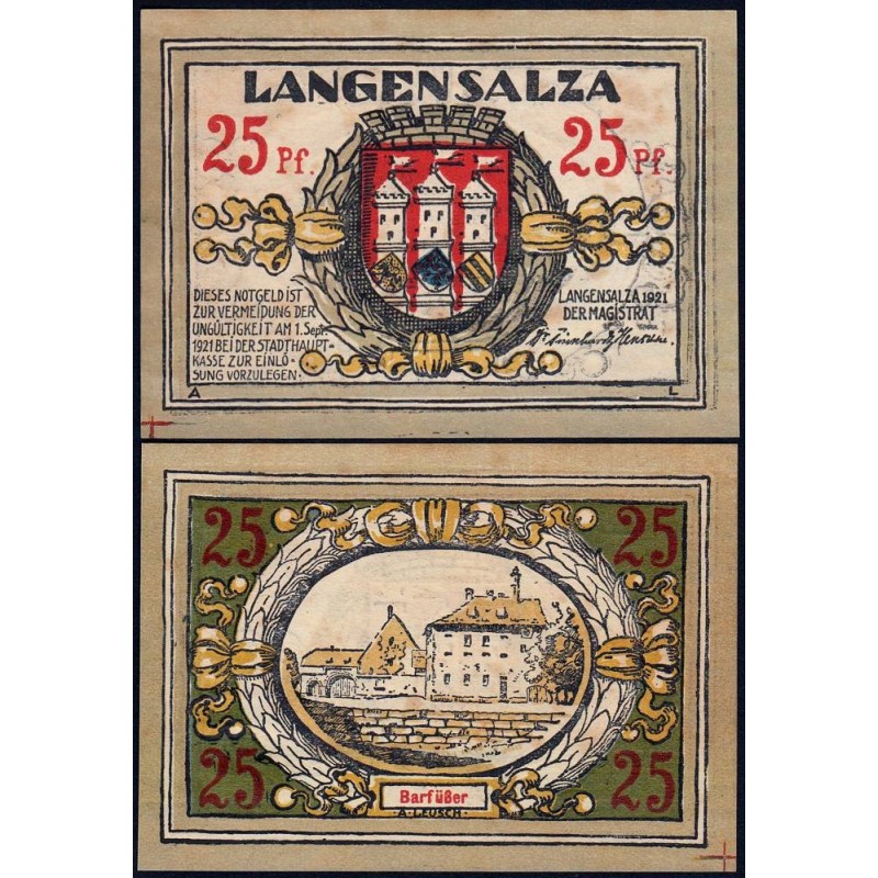 Allemagne - Notgeld - Langensalza - 25 pfennig - 1921 - Etat : SPL