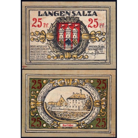 Allemagne - Notgeld - Langensalza - 25 pfennig - Réf. b - 1921 - Etat : SPL