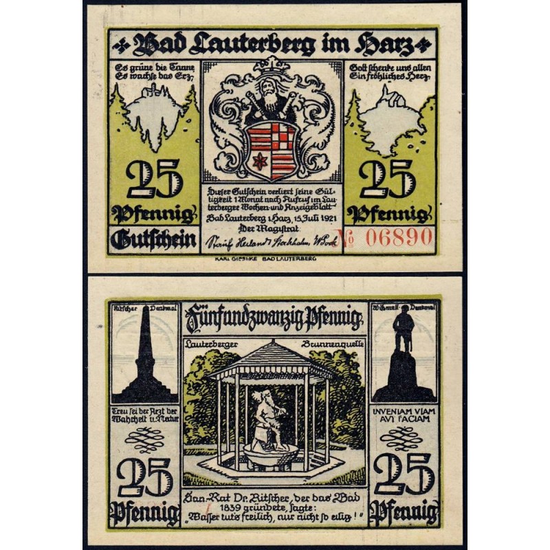 Allemagne - Notgeld - Lauterberg - 25 pfennig - Réf. c - 15/07/1921 - Etat : NEUF