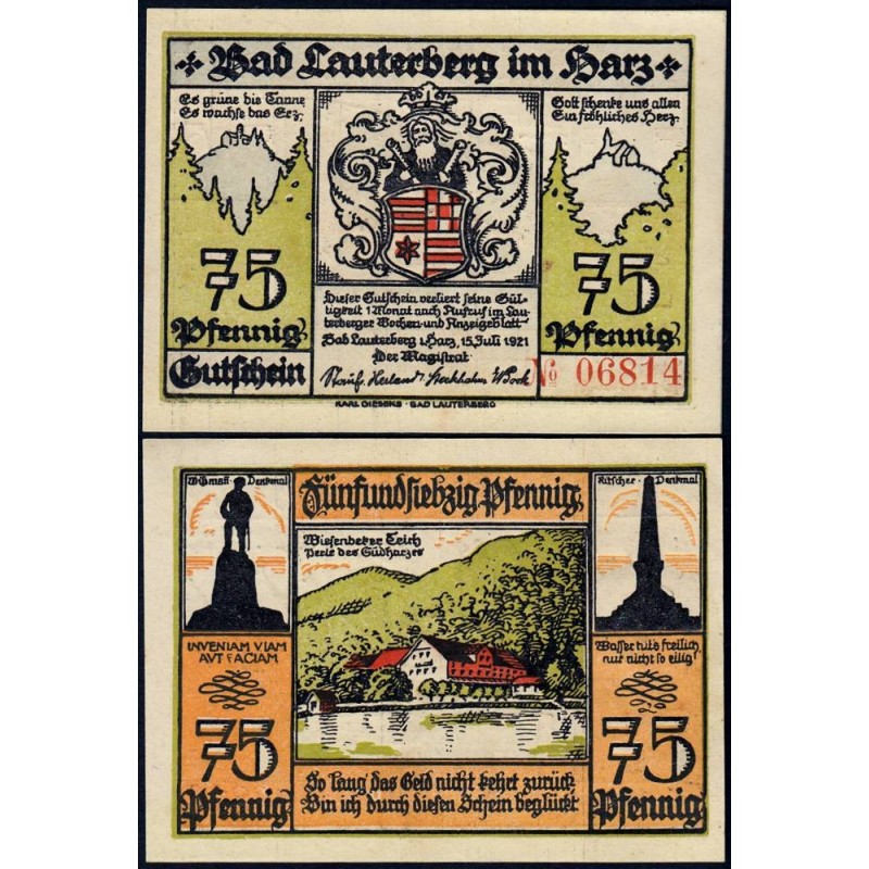 Allemagne - Notgeld - Lauterberg - 75 pfennig - Réf. b - 15/07/1921 - Etat : NEUF