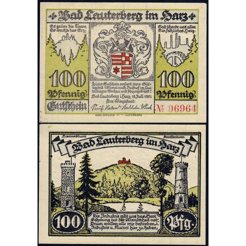 Allemagne - Notgeld - Lauterberg - 100 pfennig - Réf. d - 15/07/1921 - Etat : NEUF