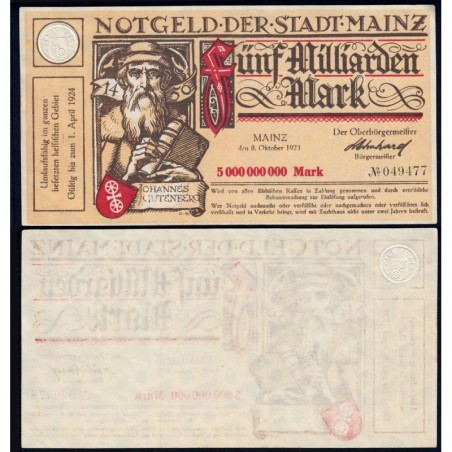 Allemagne - Notgeld - Mainz - 5 milliards mark - Sans série - 08/10/1923 - Etat : SPL