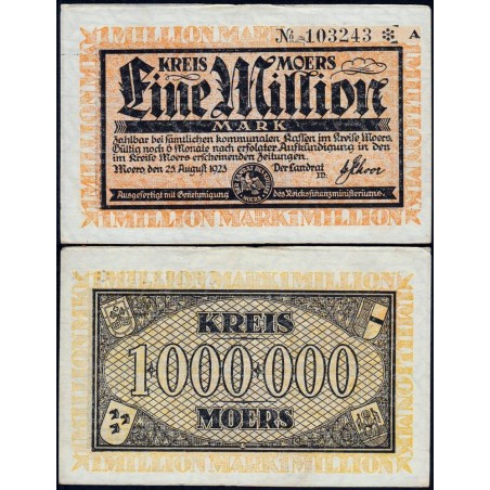 Allemagne - Notgeld - Moers - 1 million mark - Série A - 25/08/1923 - Etat : TTB