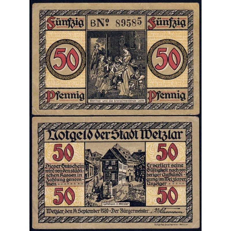 Allemagne - Notgeld - Wetzlar- 50 pfennig - Série B - 14/09/1920 - Etat : TTB