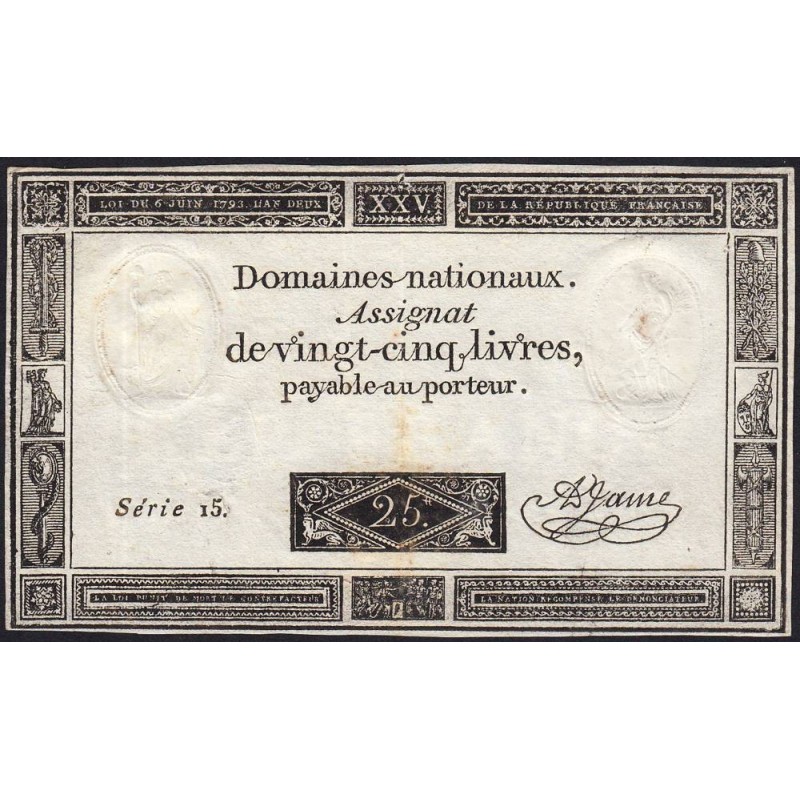 Assignat 43a - 25 livres - 6 juin 1793 - Série 15 - Etat : TTB+