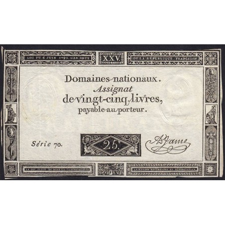 Assignat 43a - 25 livres - 6 juin 1793 - Série 70 - Etat : TTB