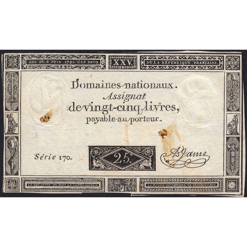 Assignat 43a - 25 livres - 6 juin 1793 - Série 170 - Etat : TB