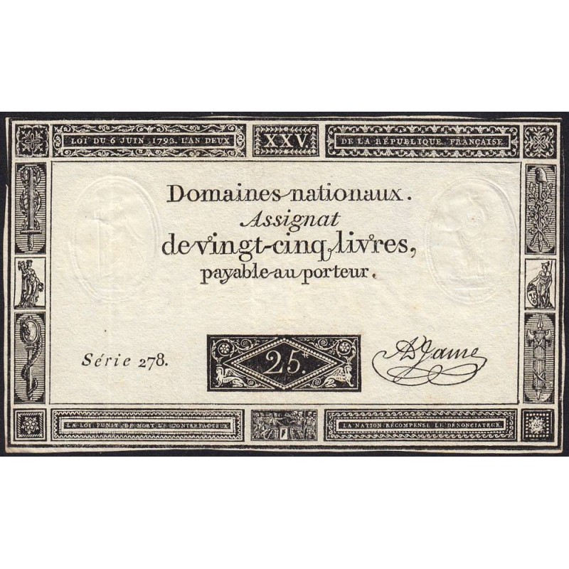 Assignat 43a - 25 livres - 6 juin 1793 - Série 278 - Etat : SUP