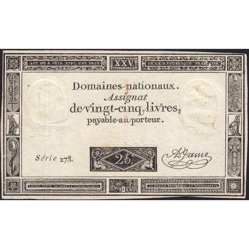 Assignat 43a - 25 livres - 6 juin 1793 - Série 278 - Etat : TTB