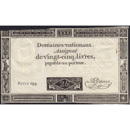 Assignat 43a - 25 livres - 6 juin 1793 - Série 293 - Etat : TTB